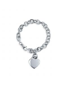 Solid Link Heart Shape Tag Charm Bracelet 7.5 Inch For Women Teens .925 Sterling Silver Made in Italy