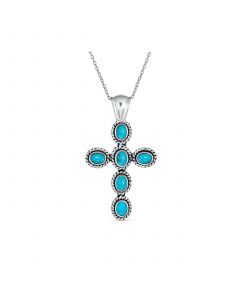 South Western Style Stabilized Blue Turquoise Rope Bezel Set Cross Pendant Necklace For Women .925 Sterling Silver