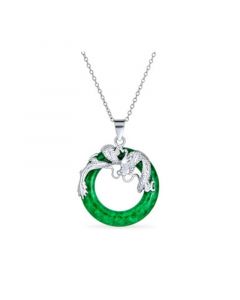 Asian Style Open Round Circle Disc Dyed Green Jade Dragon Pendant Necklace for Women .925 Sterling Silver 18 Inch