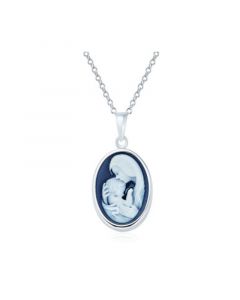 Delicate Petite Victorian Vintage Antique Style Blue White Carved Mother and Child Loving Cameo Pendant Son Daughter Necklace For Women .925 Sterling Silver