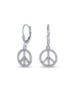 Message World Peace Sign Symbol Cubic Zirconia Pave CZ Lever back Drop Dangle Earrings For Women For Teen .925 Sterling Silver