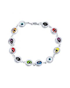 Turkish Colorful Multicolor Spiritual Protection Amulet Strand Link Multi Charm Evil Eye Bracelet For Women Teens .925 Sterling Silver 7.5 Inch Made In Turkey