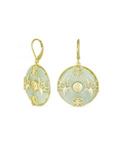 Asian Style Dangle Circle Round Donut Good Fortune Light Green Jade Butterfly Disc Drop Statement Earrings For Women 14K Gold Overlay .925 Sterling Silver Lever Back