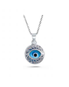 Turkish Spiritual Protection Amulet Round Circle Moving Floating Aqua Nazar Blue Evil Eye Filigree Charm Pendant Necklace For Women For Teen .925 Sterling Silver