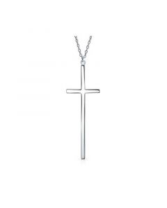 Modern Elongated Simple Basic Long Flat Thin Delicate Religious Latin Cross Pendant Necklace For Women Teen .925 Sterling Silver