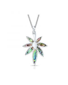 Personalized Unisex Large Rainbow Abalone Shell Inlay Marijuana Leaf Dangle Pendant Necklace Western Jewelry For Women Men .925 Sterling Silver With Chain