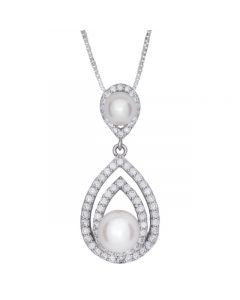 Cultured Freshwater Pearl (5 & 7mm) & Cubic Zirconia Teardrop 18" Pendant Necklace in Sterling Silver a