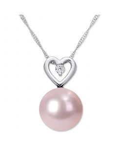 Pink Cultured Freshwater Pearl (9-1/2mm) & Diamond (1/20 ct. t.w.) Heart 17" Pendant Necklace in 10k White Gold