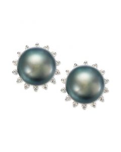 Tahitian Pearl (8 mm) and Diamond (1/5 ct. t.w.) Earrings in 14K White Gold