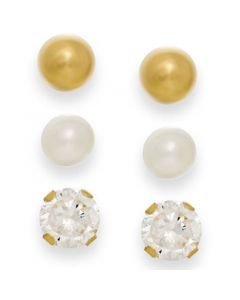 Cultured Freshwater Pearl, Cubic Zirconia and Ball Stud Set in 10k Gold