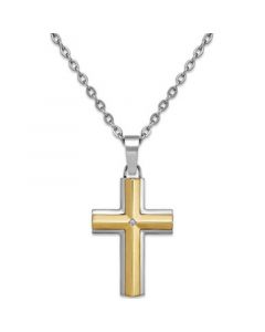 Diamond Accent Cross Pendant Necklace in Stainless Steel and 10K Gold