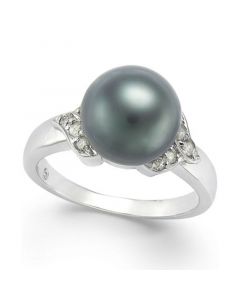 Tahitian Pearl (9mm) and Diamond Ring (1/6 ct. t.w.) in 14k White Gold