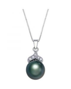 Tahitian Pearl (9mm) and Diamond Accent Pendant Necklace in 14k White Gold