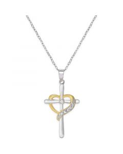 Diamond Cross Heart Pendant Necklace (1/10 ct. t.w.) in Sterling Silver and 18K Gold-Plated Sterling Silver