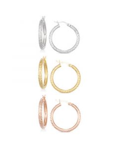 Set of Three Textured Hoop Earrings in 14k Tri-Gold Vermeil and Sterling Silver