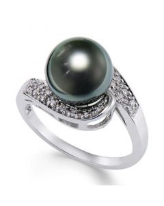 Cultured Tahitian Black Pearl (9mm) and Diamond (1/10ct. t.w.) Swirl Ring in 14k White Gold