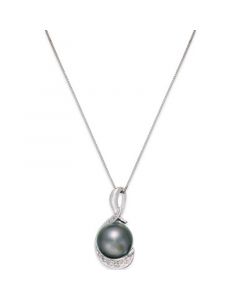 Cultured Tahitian Black Pearl (9mm) and Diamond (1/10 ct. t.w.) Swirl Pendant Necklace in 14k White Gold