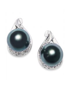 Cultured Tahitian Black Pearl (9mm) and Diamond (1/6 ct. t.w.) Earrings in 14k White Gold