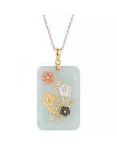 Jade or Onyx Carved Flower Pendant Necklace (25x38mm) in 14k Gold-Plated Sterling Silver