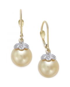 Cultured Golden South Sea Pearl (10mm) and Diamond Accent Earrings in 14k Gold