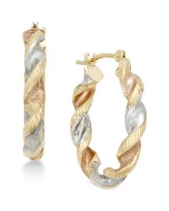 Satin Twist Hoop Earrings in 10k Tri-Tone Gold