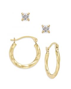 2-Pc. Set Cubic Zirconia Studs and Twisted Hoop Earrings in 10k Gold