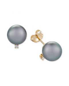 Cultured Tahitian Pearl (9mm) and Diamond Accent Stud Earrings in 14k Gold