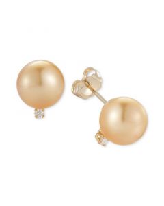 Cultured Golden South Sea Pearl (9mm) and Diamond Accent Stud Earrings in 14k Gold