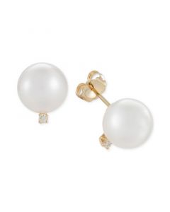 Cultured White South Sea Pearl (9mm) and Diamond Accent Stud Earrings in 14k Gold