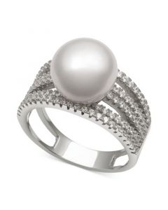 Cultured Freshwater Pearl (10mm) and Cubic Zirconia Multi-Row Statement Ring in Sterling Silver