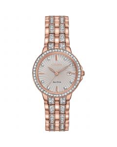 Women's Eco-Drive Crystal Accent Rose Gold-Tone Stainless Steel Bracelet Watch 28mm EW2348-56A