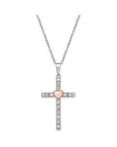 Diamond Two-Tone Cross Pendant Necklace (1/10 ct. t.w.) in Sterling Silver with 18k Rose Gold-Plated Sterling Silver Accent