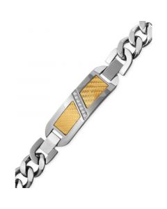 Men's Diamond (1/10 ct. t.w.) Decorative Plate Heavy Link Bracelet in Stainless Steel with 18k Gold Inlay