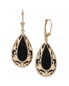 Onyx Teardrop Decorative Framed Drop Earrings  (28mm x 16mm)  in 14k Gold or 14k White Gold