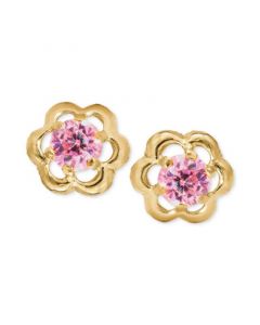 Children's Pink Cubic Zirconia Flower Screwback Stud Earrings in 14k Gold