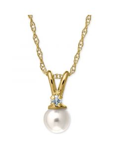 Children's Cultured Freshwater Pearl and Diamond Accent Necklace in 14k Gold