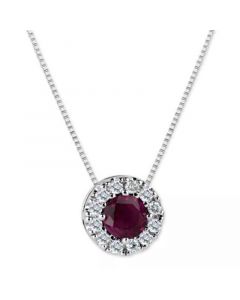 Ruby (3/5 ct. t.w.) and Diamond (1/5 ct. t.w.) Halo Pendant Necklace in 14k White Gold (Also Available in Emerald)