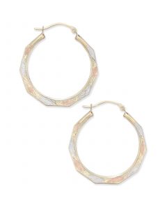 Tri-Color Decorative Hoop Earrings in 10k White, Yellow, and Rose Gold