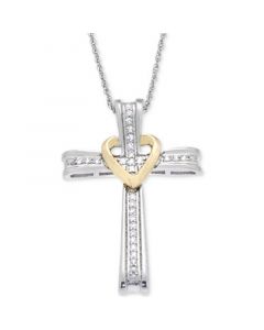 Diamond Cross Pendant Necklace (1/10 ct. t.w.) in 14k White and Yellow Gold