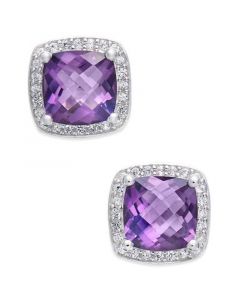 Amethyst (1-3/4 ct. t.w.) and Diamond (1/8 ct. t.w.) Halo Stud Earrings in Sterling Silver