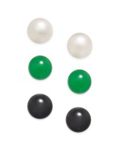 3 Pc. Set Cultured Freshwater Pearl (8mm), Onyx (8mm) and Green Quartz (8mm) Stud Earrings in Sterling Silver