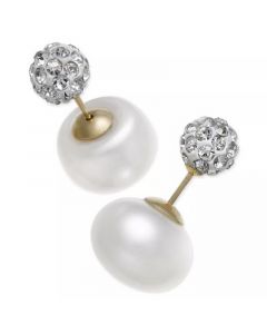 Cultured Freshwater Pearl (11mm) and Cubic Zirconia Reversible Front and Back Earrings in 14k Gold