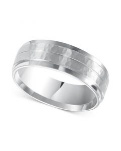 Men's Hammered and Brush Finish Wedding Band in 14k White Gold