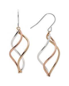 Tri-Tone Swirl Drop Earrings in Sterling Silver, 14k Gold-Plate, and 14k Rose Gold-Plate