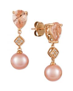 Peach Morganite™ (1-1/2 ct. t.w.), Pink Cultured Freshwater Pearl (9mm), and Diamond Accent Drop Earrings in 14k Rose Gold