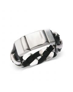 Stainless Steel and Black Leather Chain Bracelet