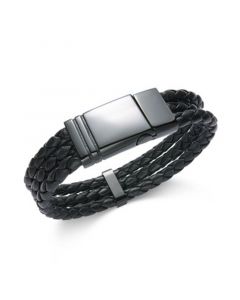 Men's Black Stainless Steel Triple Row Braided Leather Bracelet