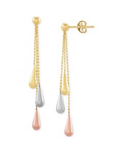 Tri-Gold Linear Drop Earrings in 14k Gold, White Gold and Rose Gold, 2 inch