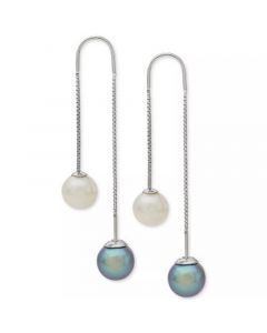 Gray and White Cultured Freshwater Pearl (8mm) Threader Earrings in Sterling Silver (Also Available in Blush and White)