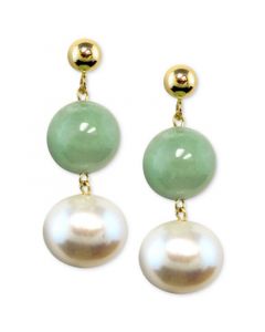 14k Gold Earrings, Cultured Freshwater Pearl and Jade